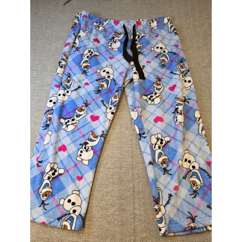Disney Sleepwear Fleece Pajama Pants Womens 40 Blue Plaid Frozen Olaf Drawstring